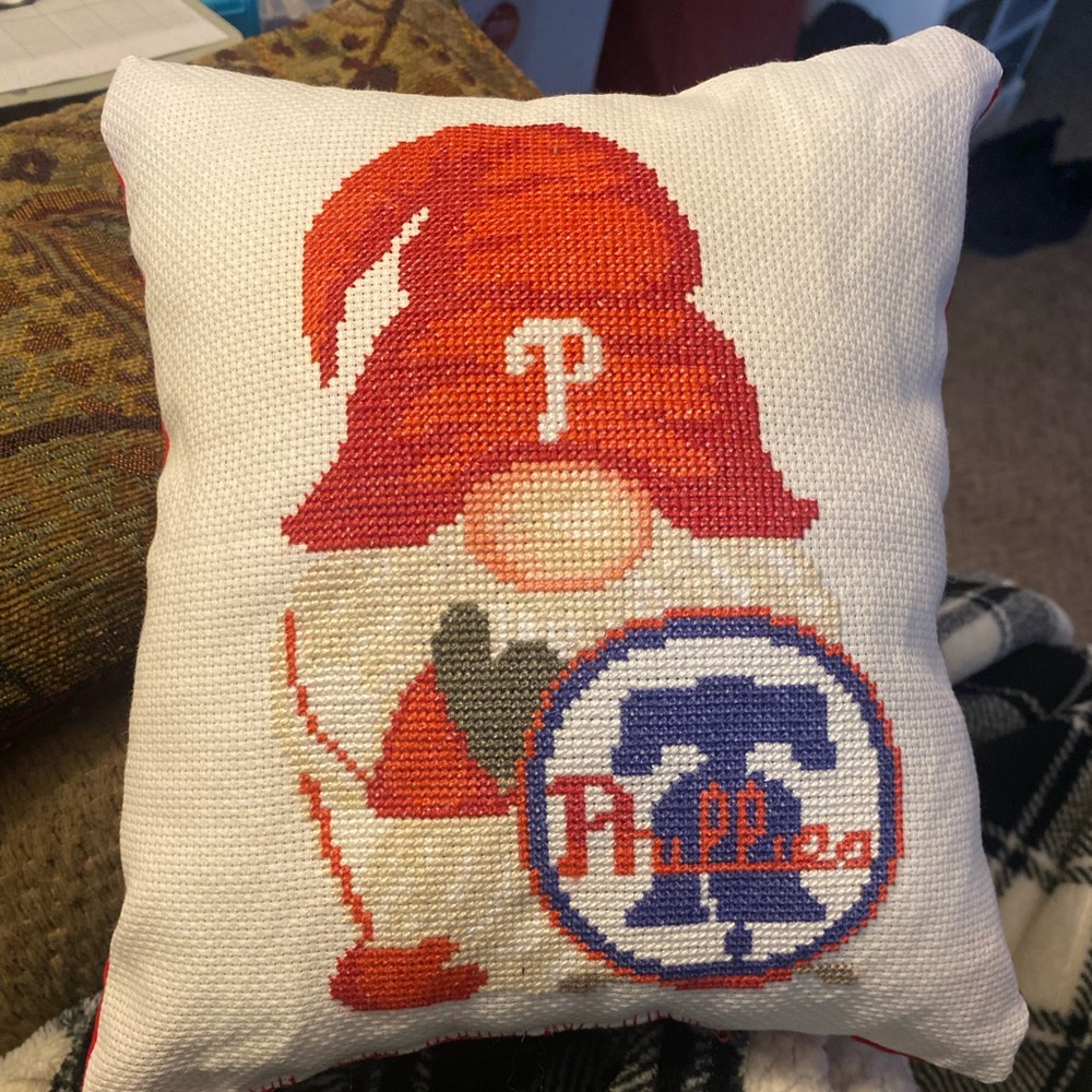 Cross stitched hand made Phillies throw pillow